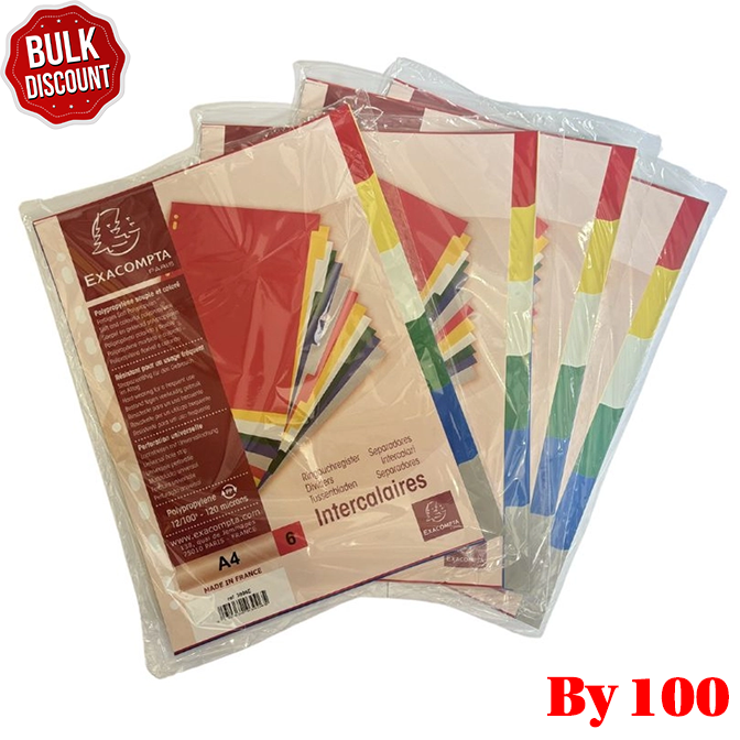 BULK DISCOUNT: Box with 100 Packets of 6 Plastic Dividers (Exacompta)